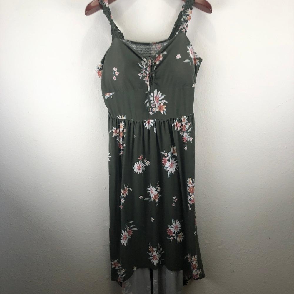 Prairie Cottagecore Olive Green Floral Smocked Back High Low Midi Dress XL 15-17